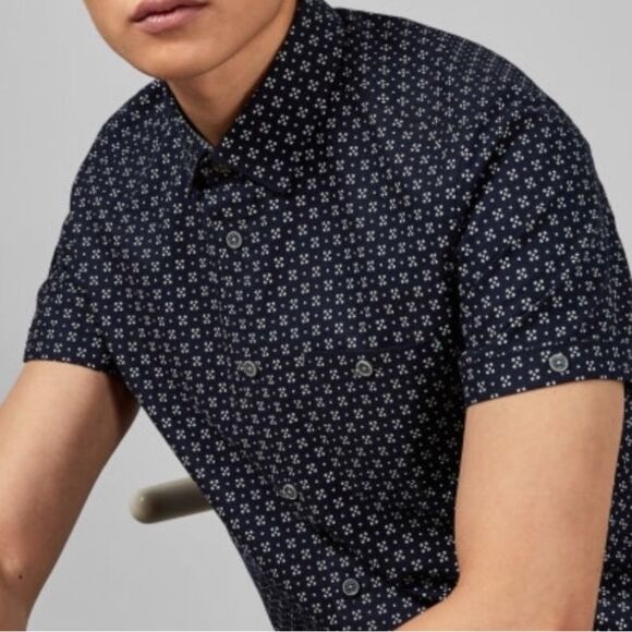 Ted Baker Polarbe Navy Dot Print Woven Cotton Short Sleeve Shirt Size 1 & Small - Picture 10 of 11